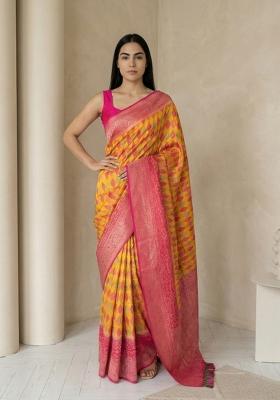 Orange Zari Work Silk Blend Saree Set
