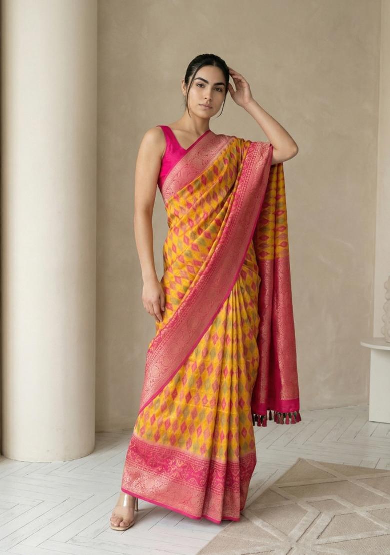 Orange Zari Work Silk Blend Saree Set - Indya