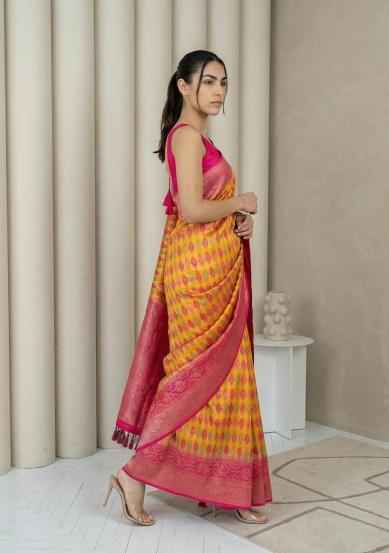 Orange Zari Work Silk Blend Saree Set - Indya