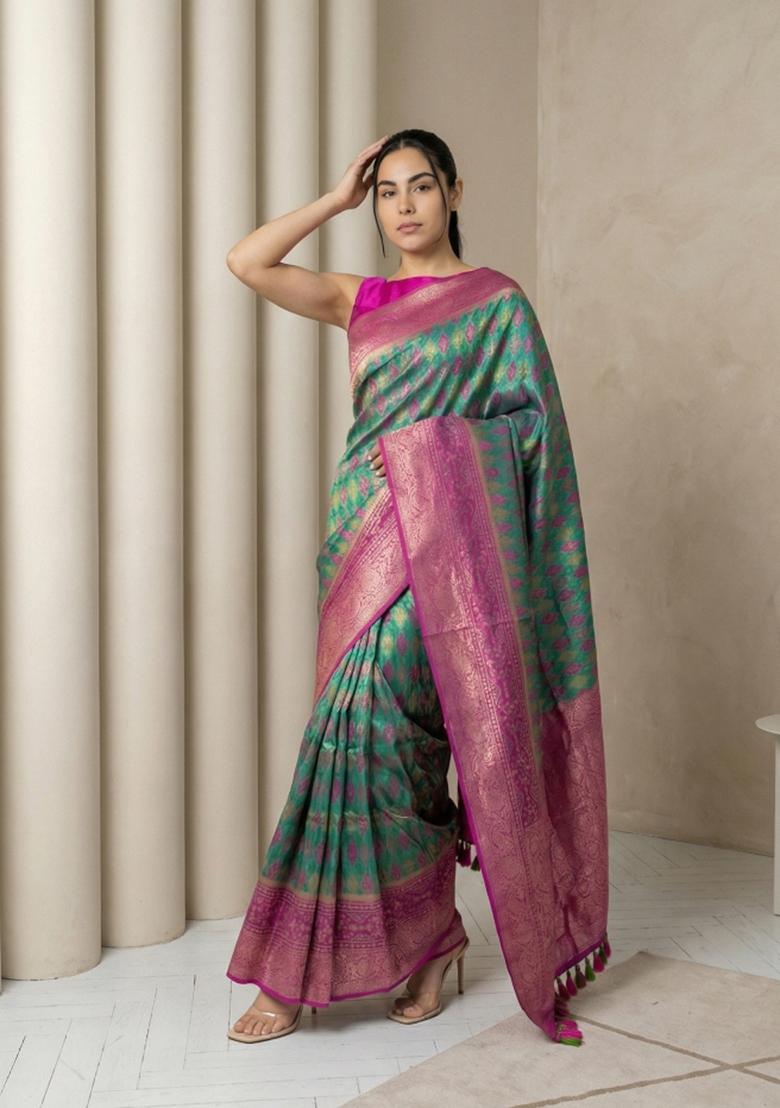 Bottle Green Zari Work Silk Blend Saree Set - Indya