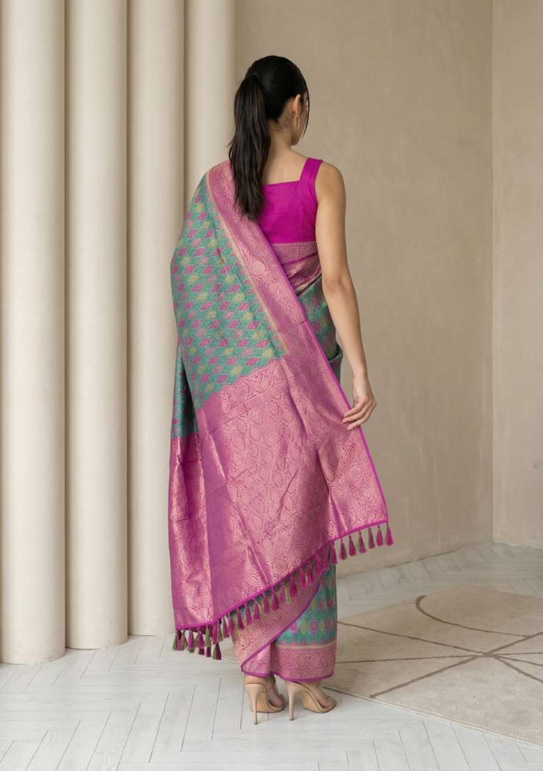 Bottle Green Zari Work Silk Blend Saree Set - Indya
