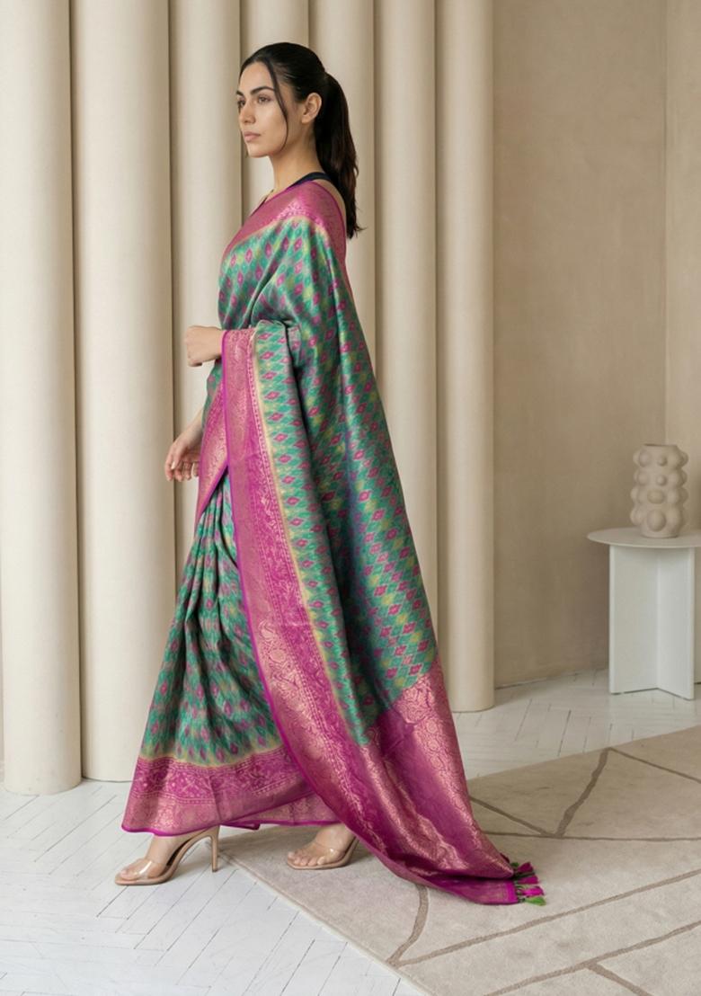 Bottle Green Zari Work Silk Blend Saree Set - Indya