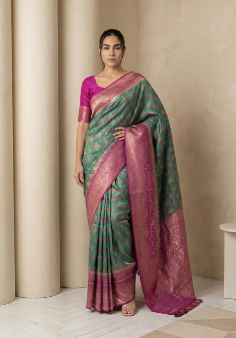 Bottle Green Zari Work Silk Blend Saree Set