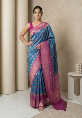Rama Zari Work Silk Blend Saree Set