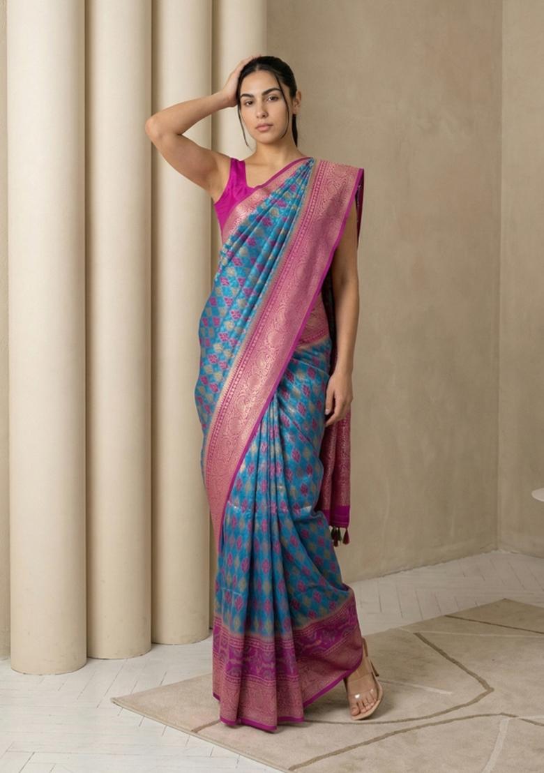 Rama Zari Work Silk Blend Saree Set - Indya