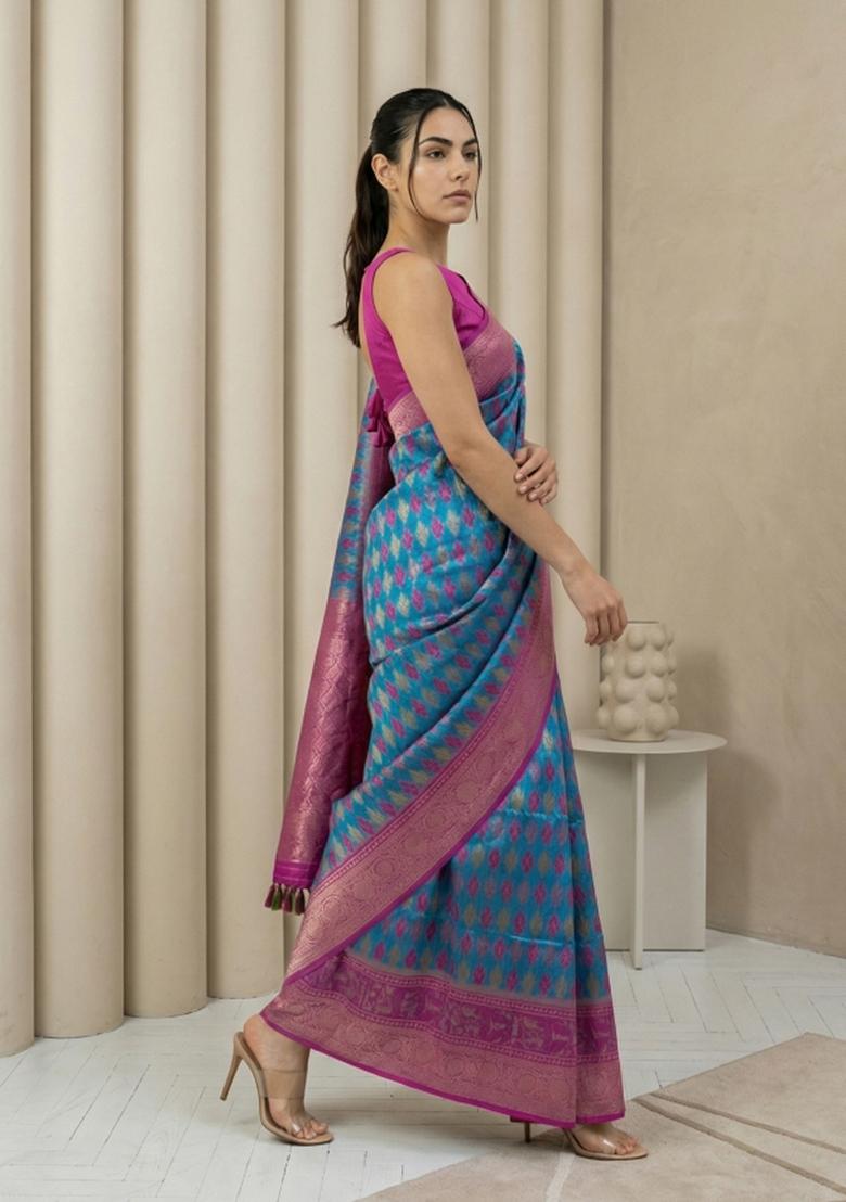 Rama Zari Work Silk Blend Saree Set - Indya