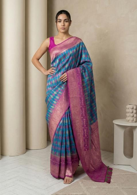 Rama Zari Work Silk Blend Saree Set