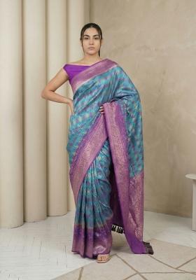 Sky Blue Zari Work Silk Blend Saree Set
