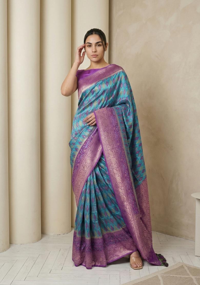 Sky Blue Zari Work Silk Blend Saree Set - Indya