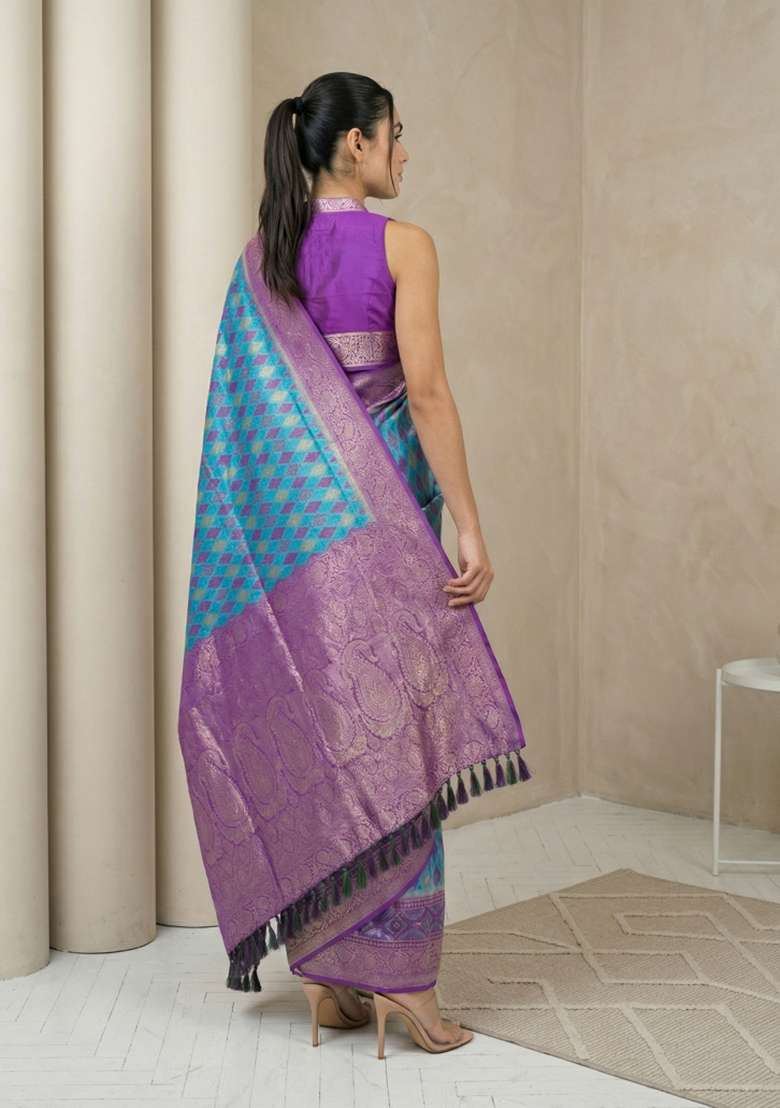 Sky Blue Zari Work Silk Blend Saree Set - Indya