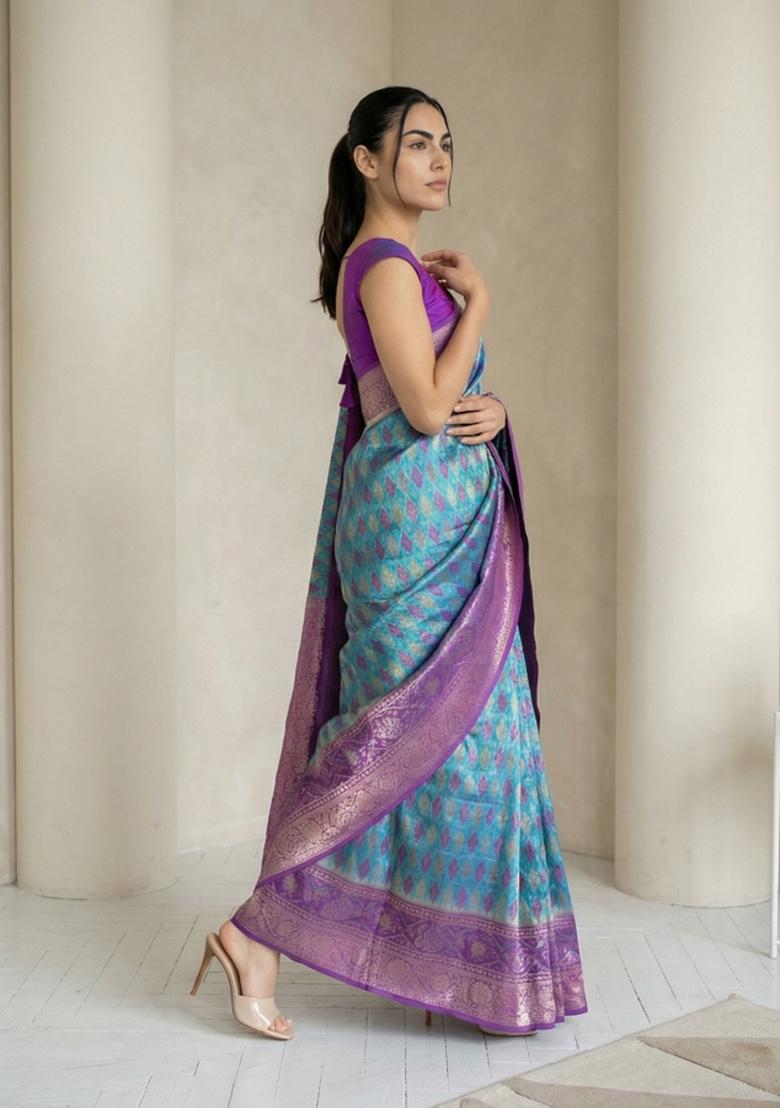 Sky Blue Zari Work Silk Blend Saree Set - Indya