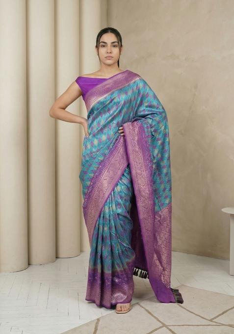 Sky Blue Zari Work Silk Blend Saree Set