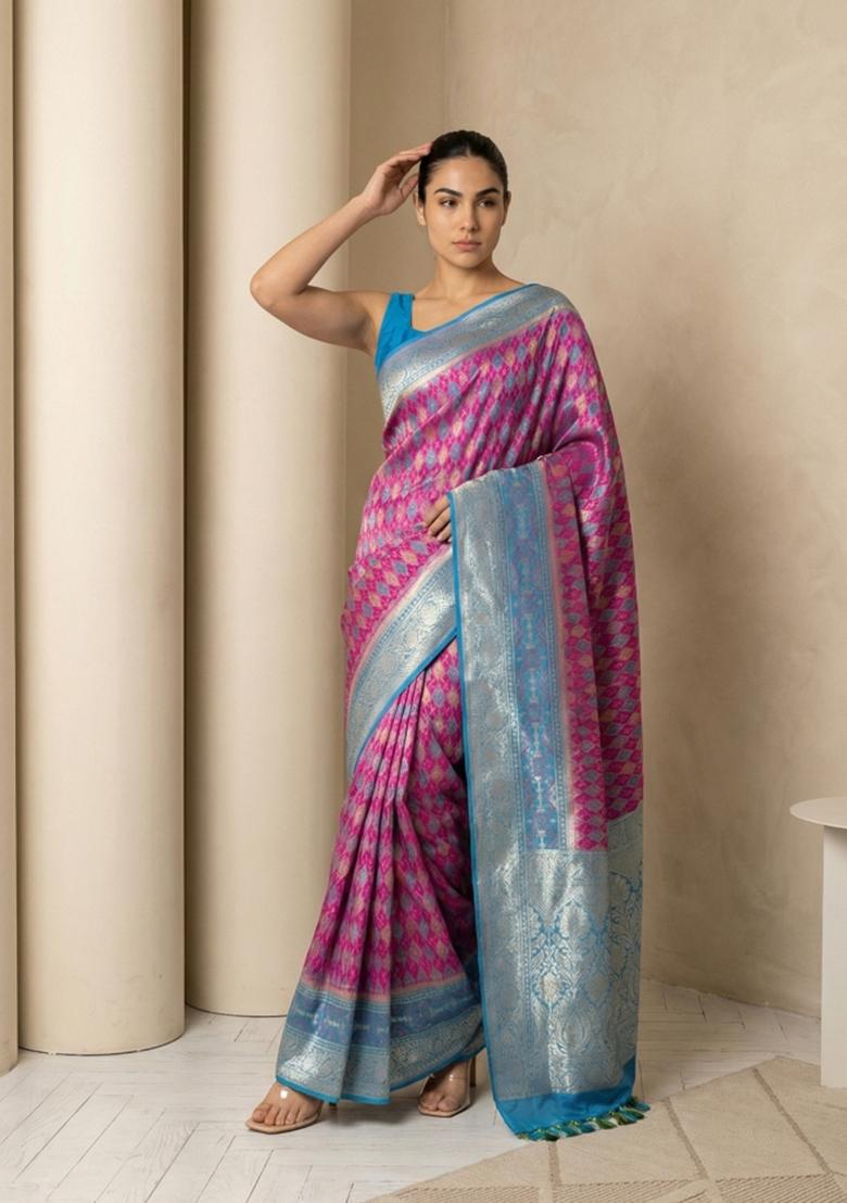 Wine Zari Work Silk Blend Saree Set - Indya