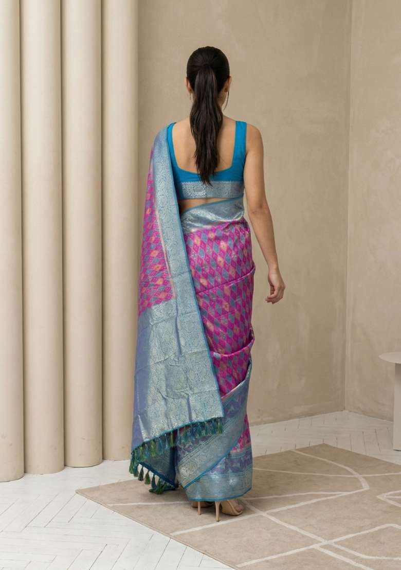 Wine Zari Work Silk Blend Saree Set - Indya
