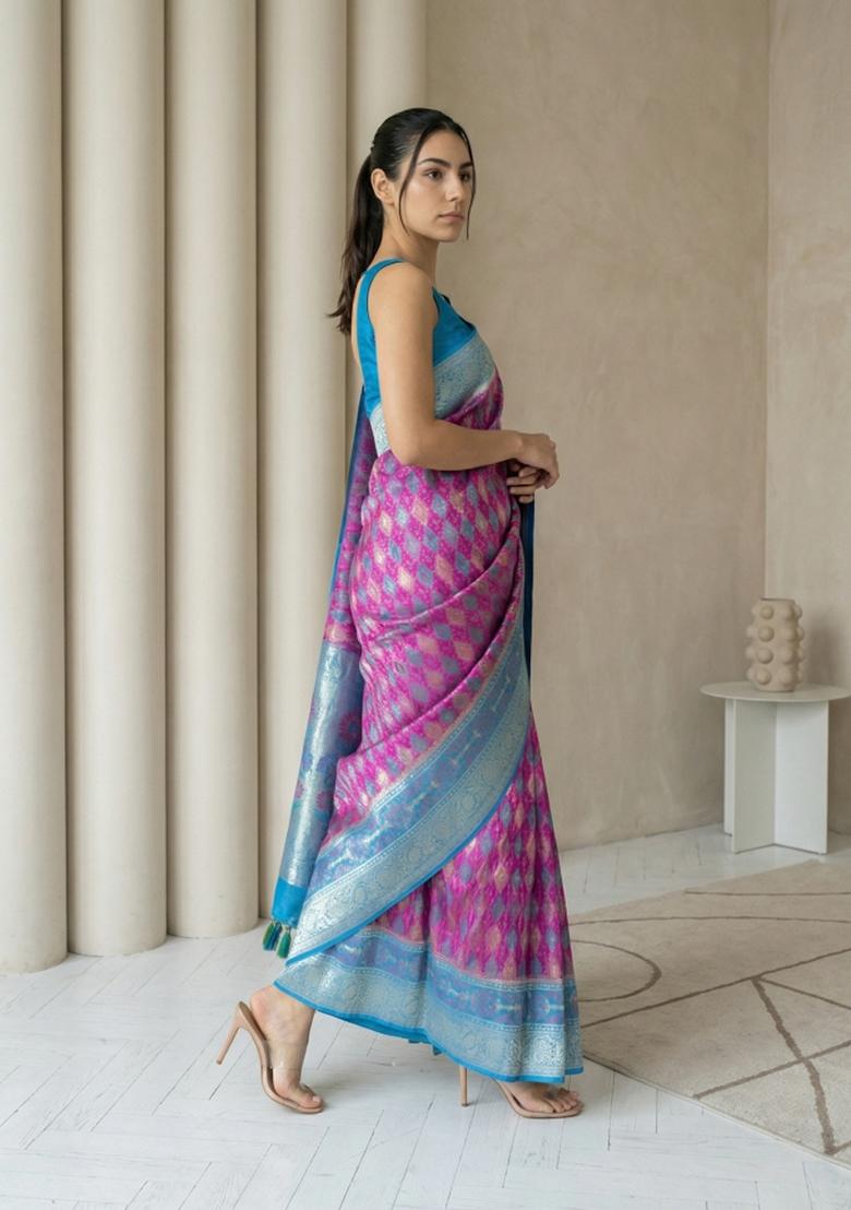 Wine Zari Work Silk Blend Saree Set - Indya