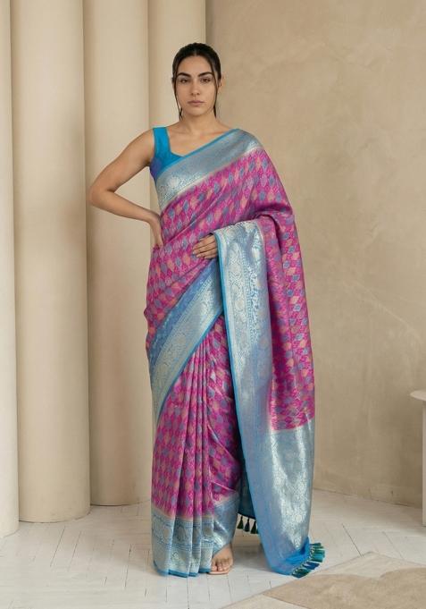 Wine Zari Work Silk Blend Saree Set