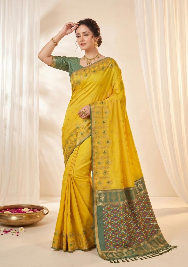 Yellow Zari Work Silk Blend Saree Set - Indya