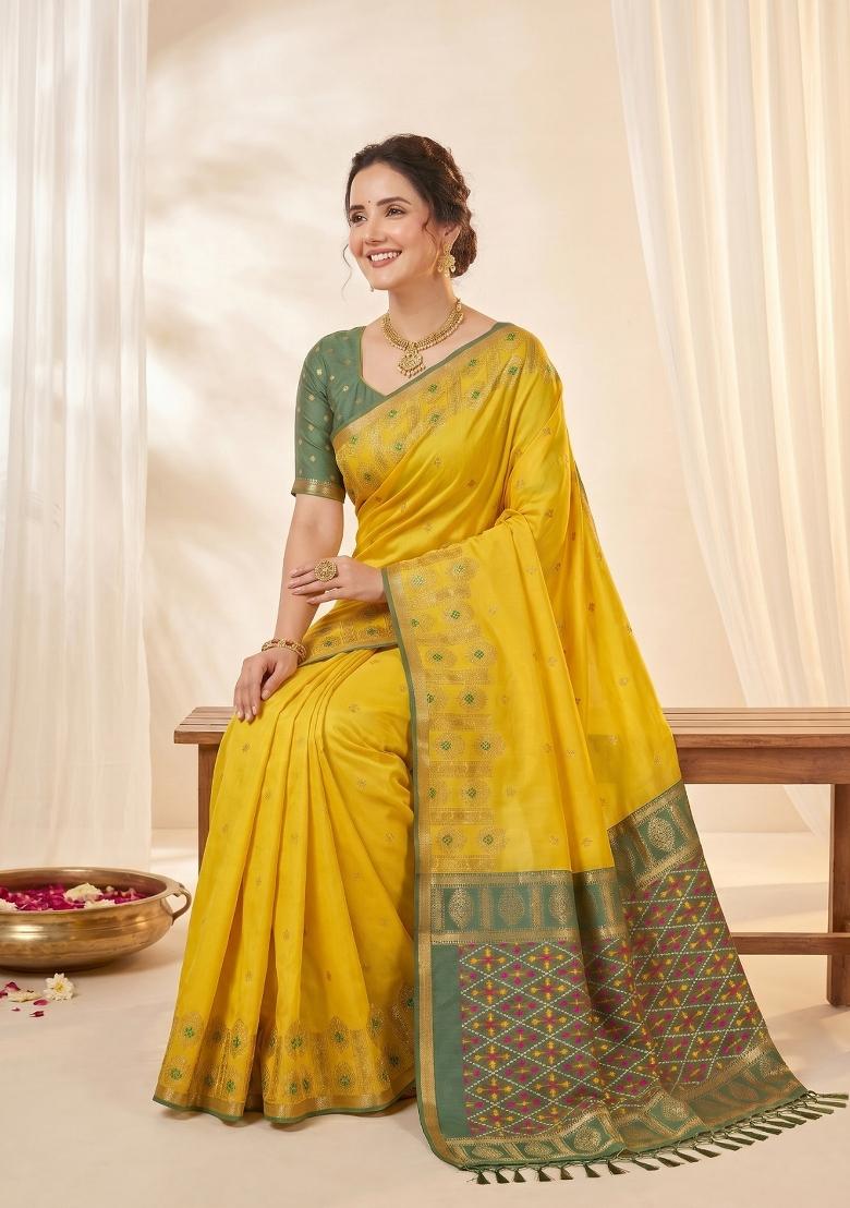 Yellow Zari Work Silk Blend Saree Set - Indya
