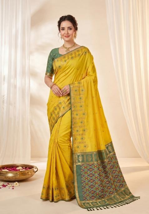 Yellow Zari Work Silk Blend Saree Set