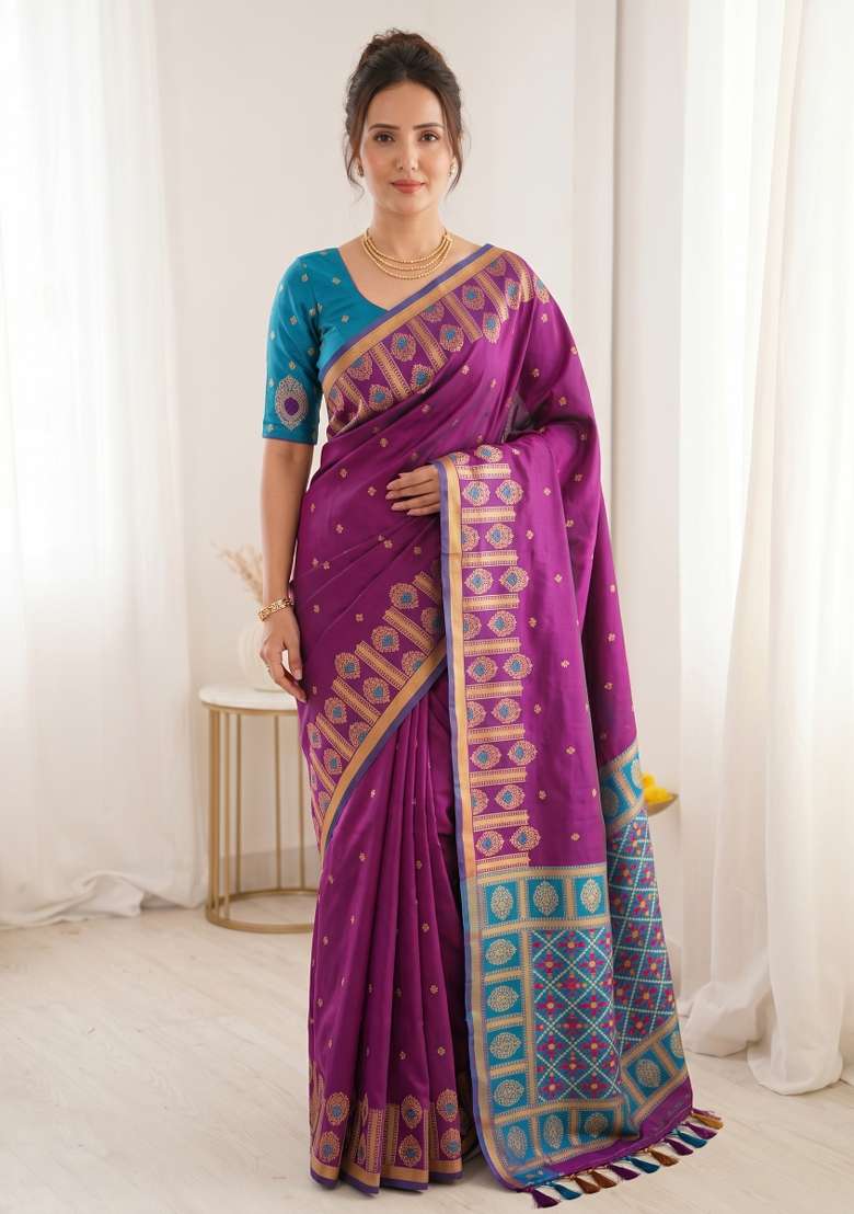 Wine Zari Work Silk Blend Saree Set - Indya