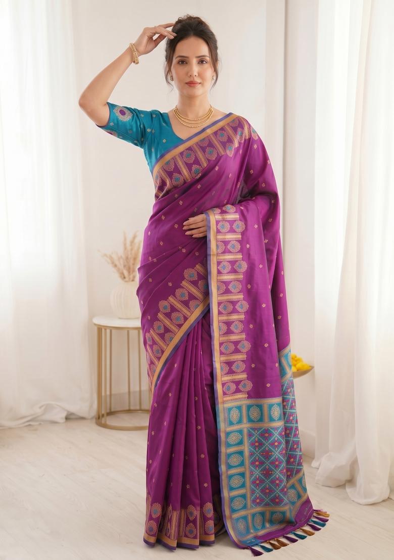 Wine Zari Work Silk Blend Saree Set - Indya