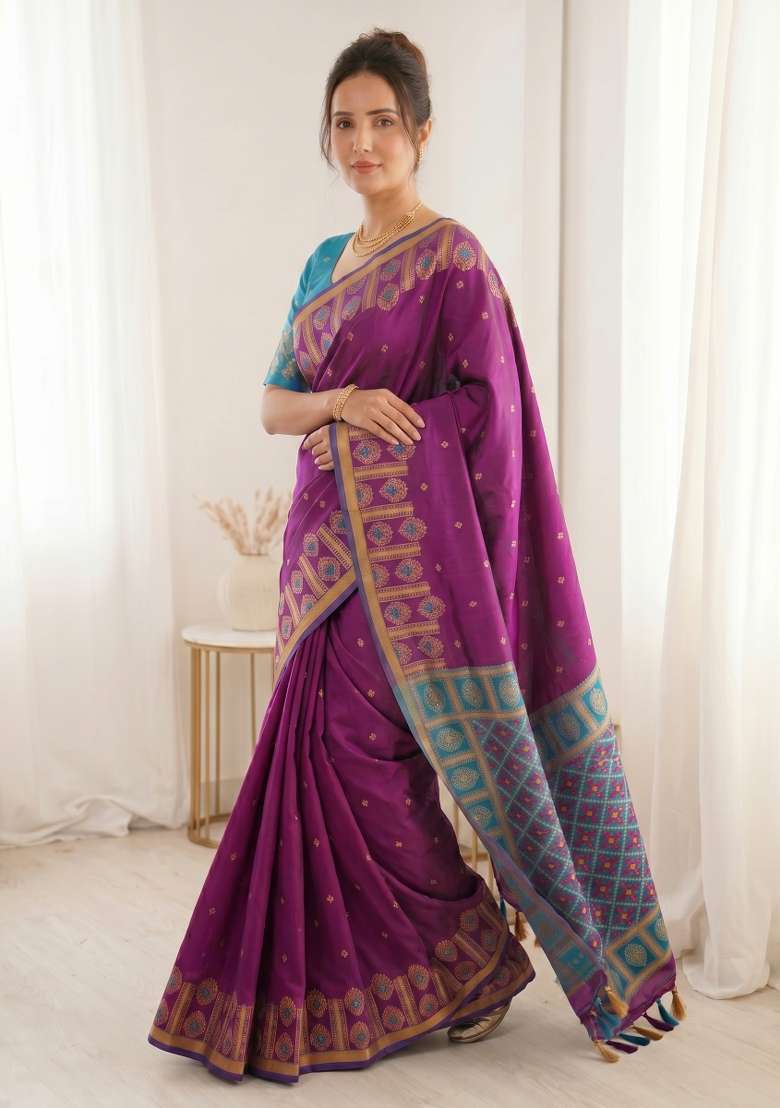 Wine Zari Work Silk Blend Saree Set - Indya