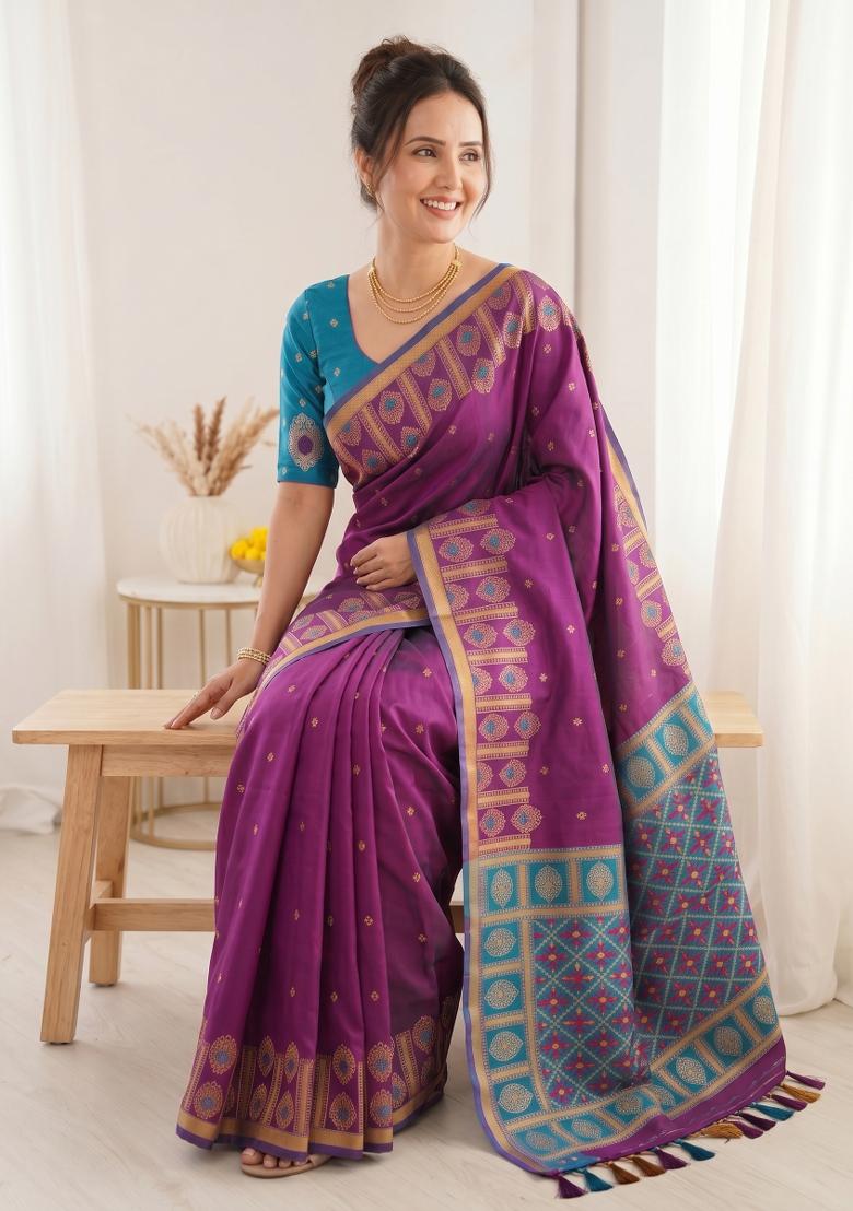 Wine Zari Work Silk Blend Saree Set - Indya
