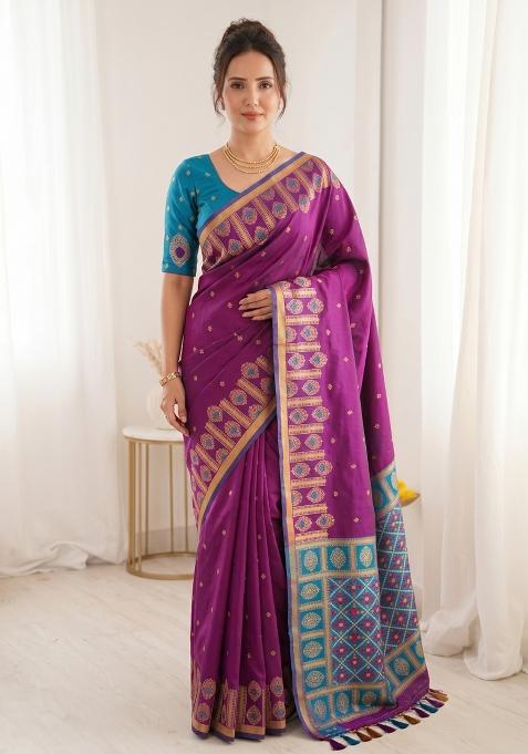 Wine Zari Work Silk Blend Saree Set