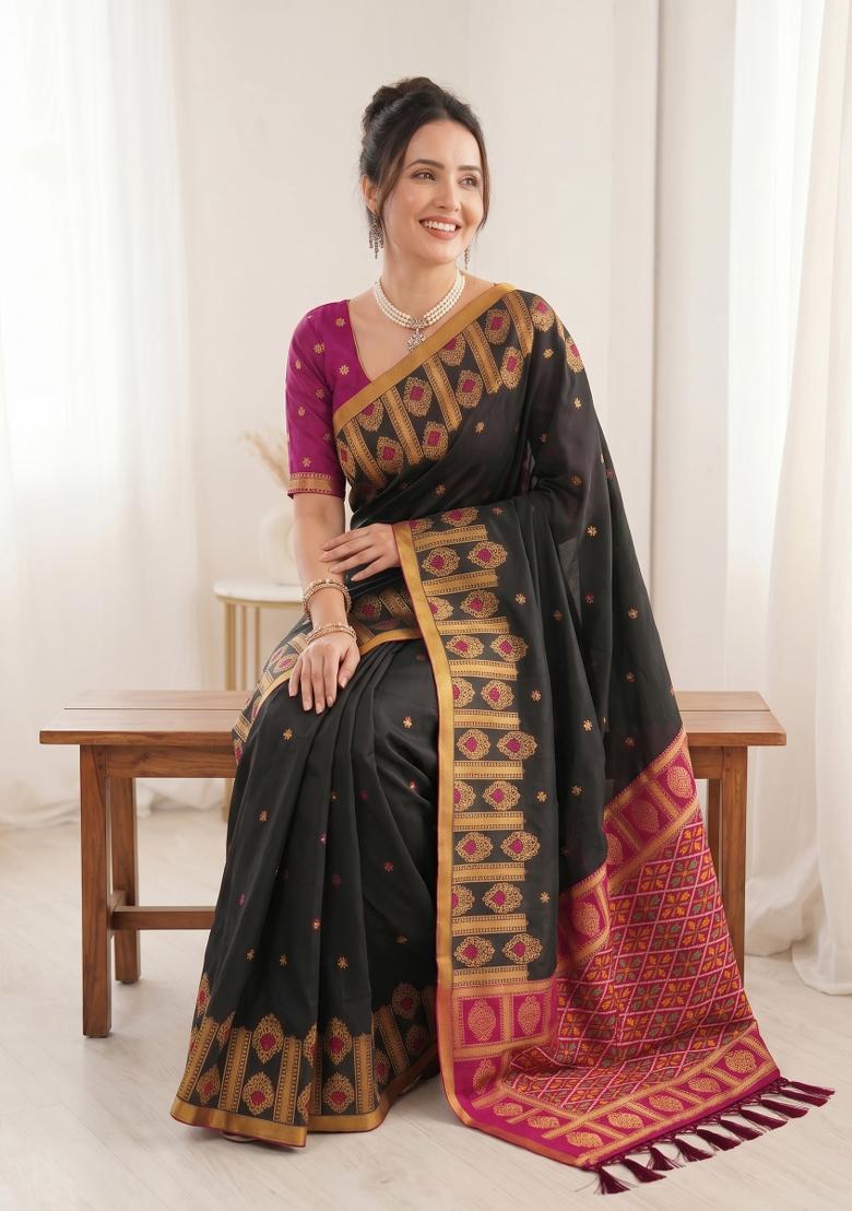Black Zari Work Silk Blend Saree Set - Indya