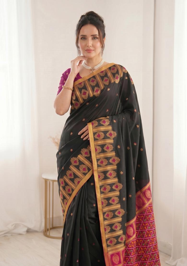 Black Zari Work Silk Blend Saree Set - Indya
