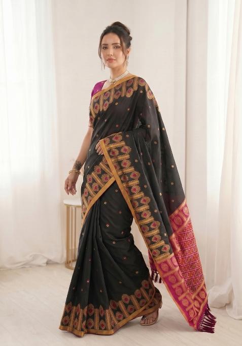Black Zari Work Silk Blend Saree Set