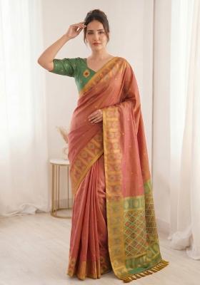 Coral Zari Work Silk Blend Saree Set