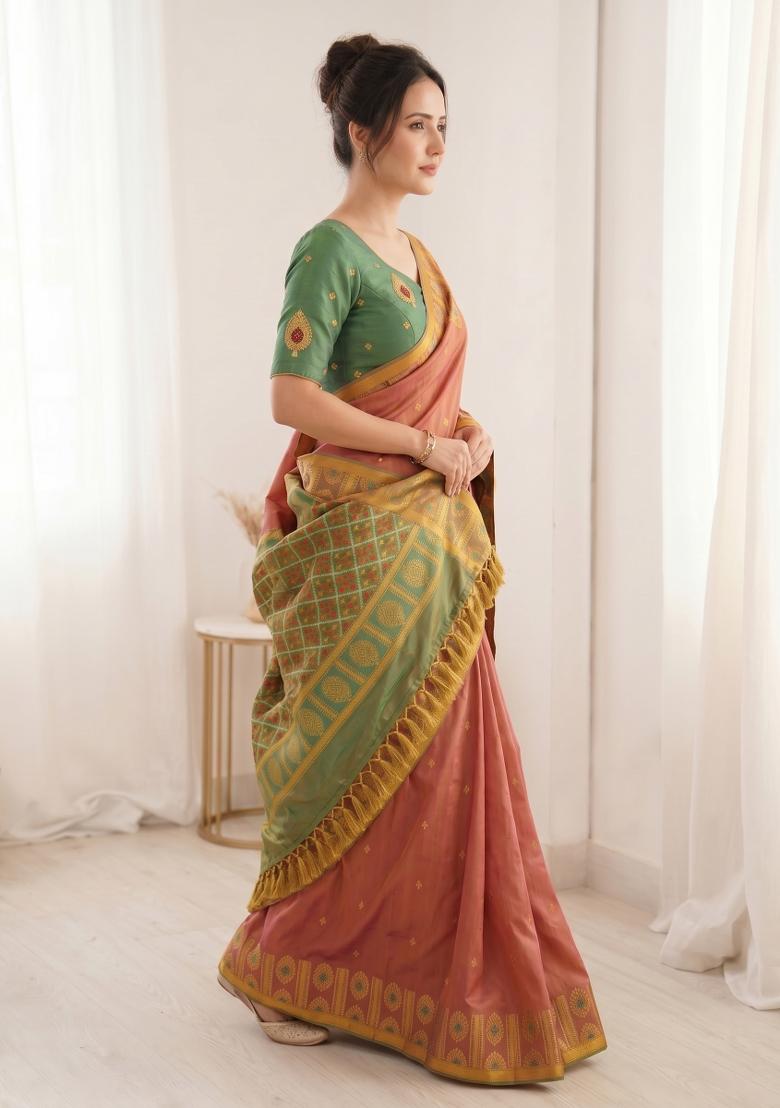 Coral Zari Work Silk Blend Saree Set - Indya