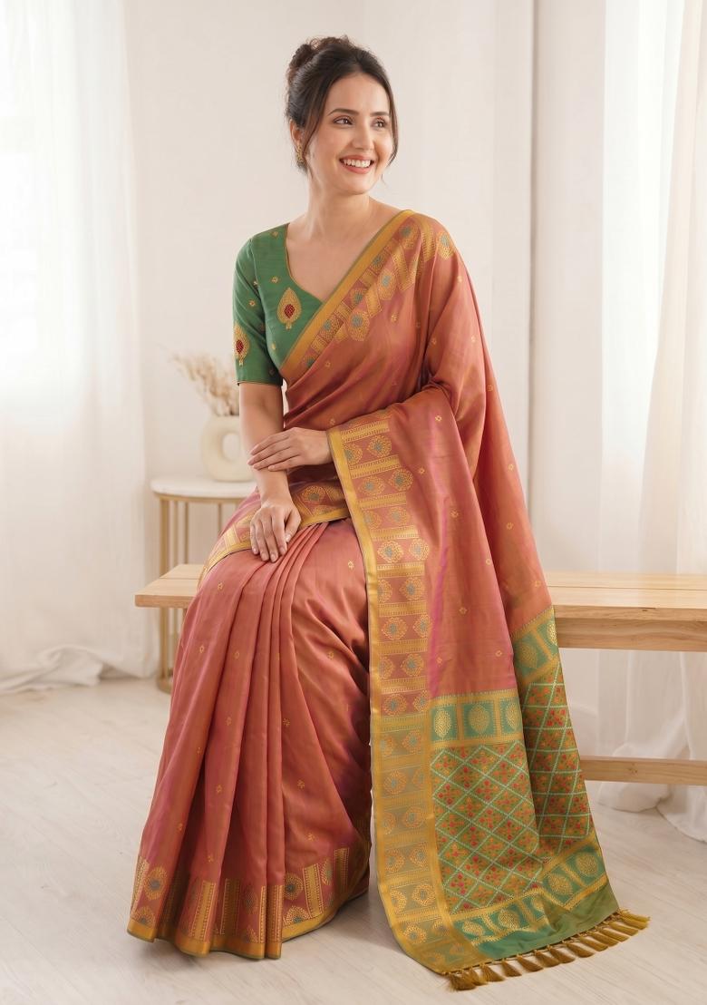 Coral Zari Work Silk Blend Saree Set - Indya