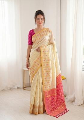 Cream Zari Work Silk Blend Saree Set