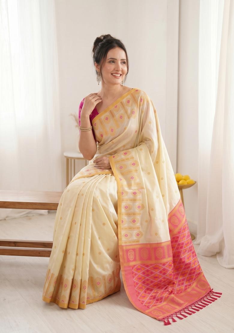 Cream Zari Work Silk Blend Saree Set - Indya