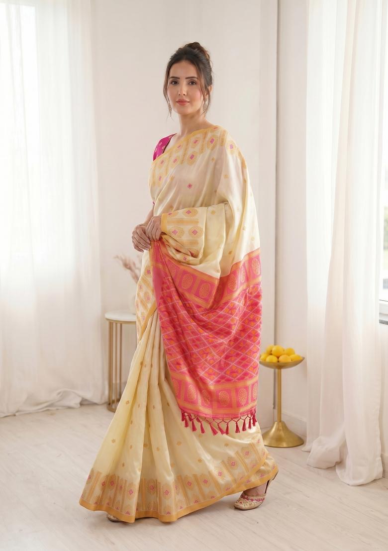 Cream Zari Work Silk Blend Saree Set - Indya