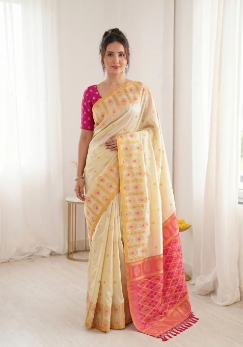 Cream Zari Work Silk Saree Set