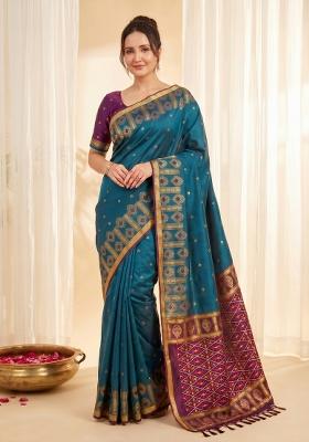 Denim Zari Work Silk Blend Saree Set