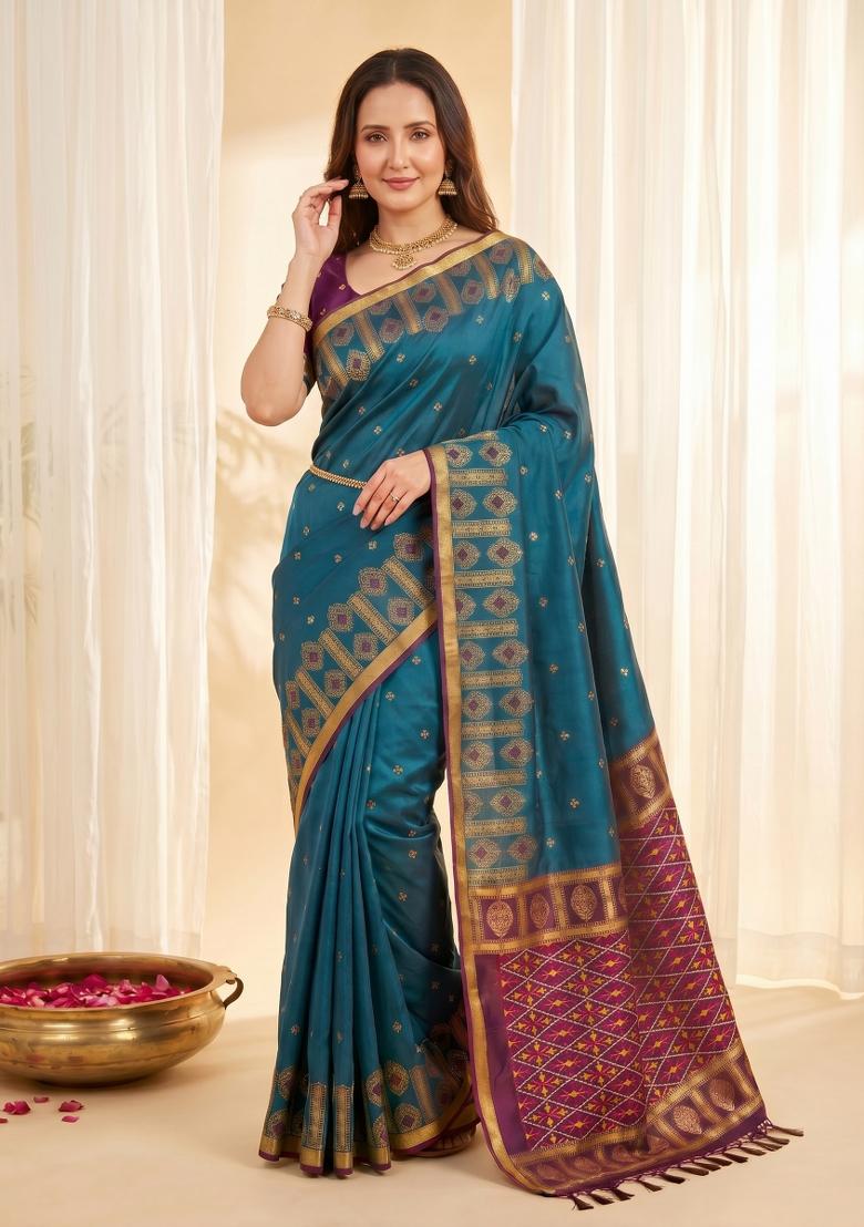 Denim Zari Work Silk Blend Saree Set - Indya