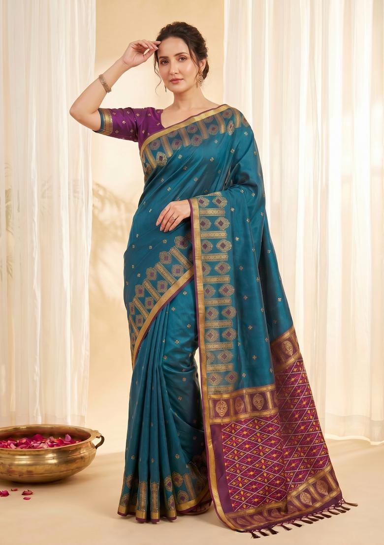 Denim Zari Work Silk Blend Saree Set - Indya