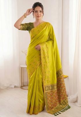 Mehendi Zari Work Silk Blend Saree Set