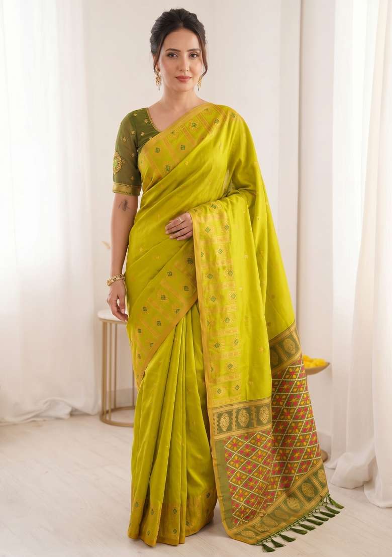 Mehendi Zari Work Silk Blend Saree Set - Indya