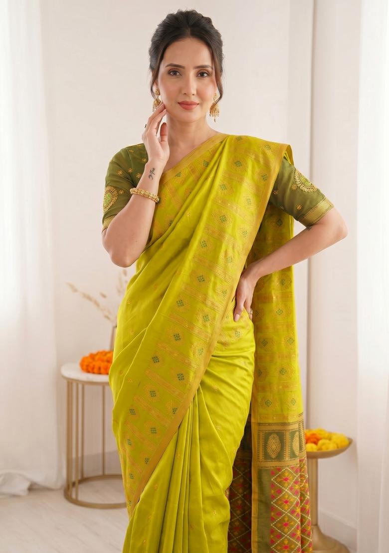 Mehendi Zari Work Silk Blend Saree Set - Indya