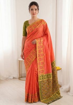 Peach Zari Work Silk Blend Saree Set