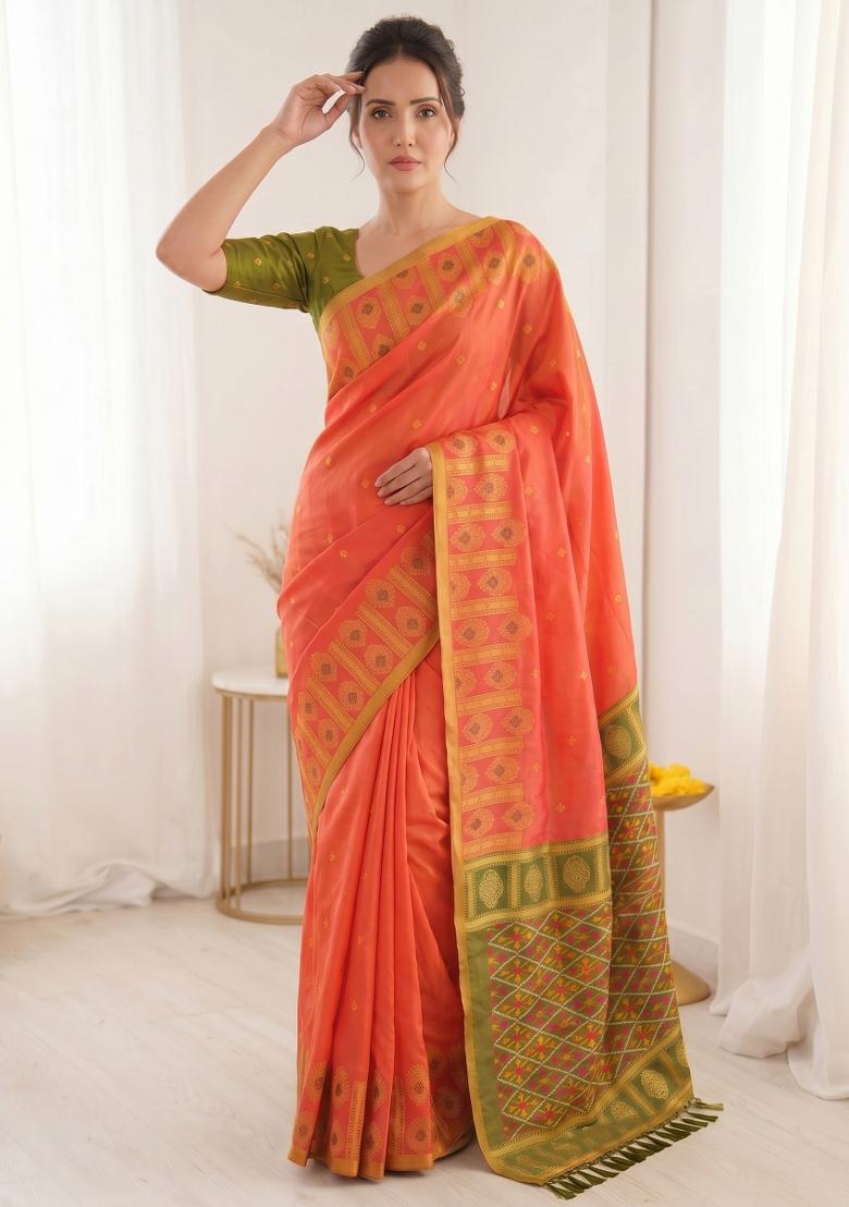 Peach Zari Work Silk Blend Saree Set - Indya