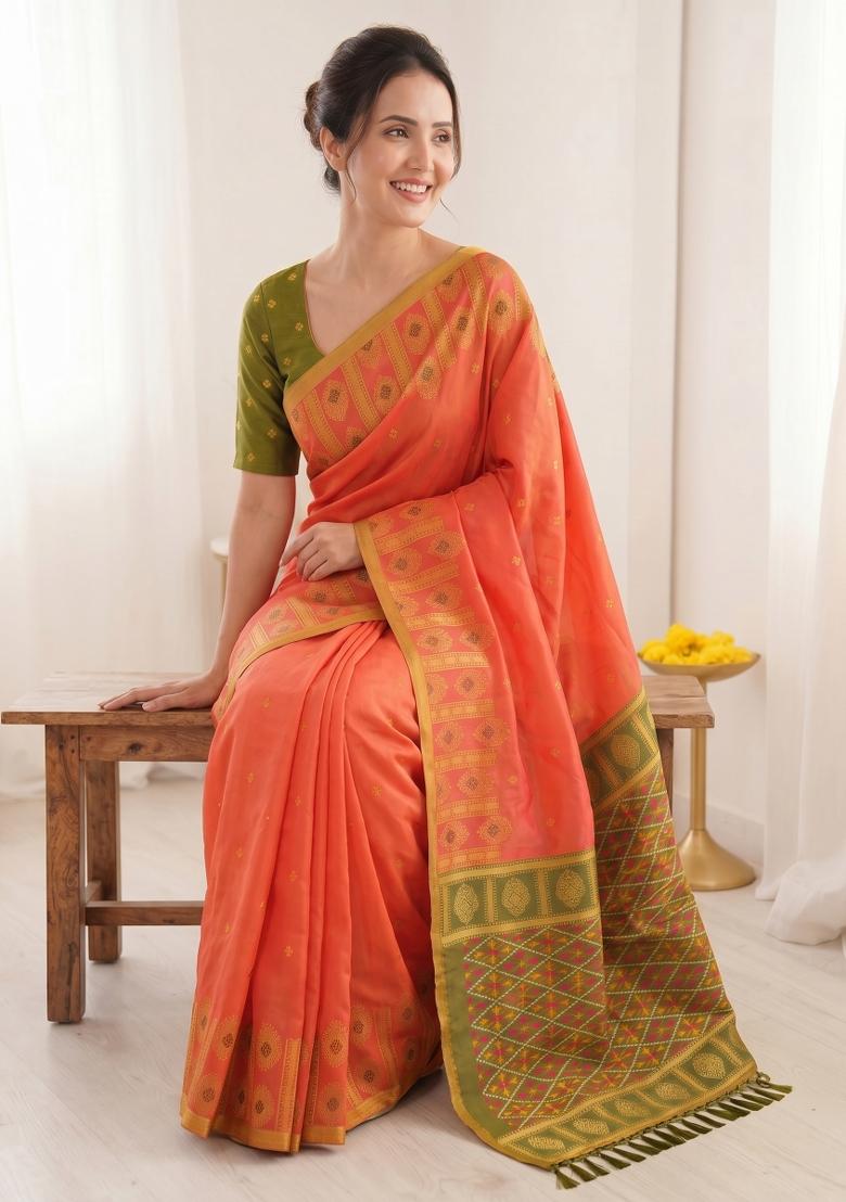 Peach Zari Work Silk Blend Saree Set - Indya