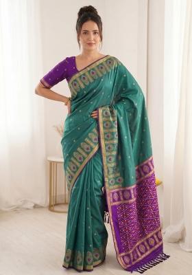 Teal Green Zari Work Silk Blend Saree Set