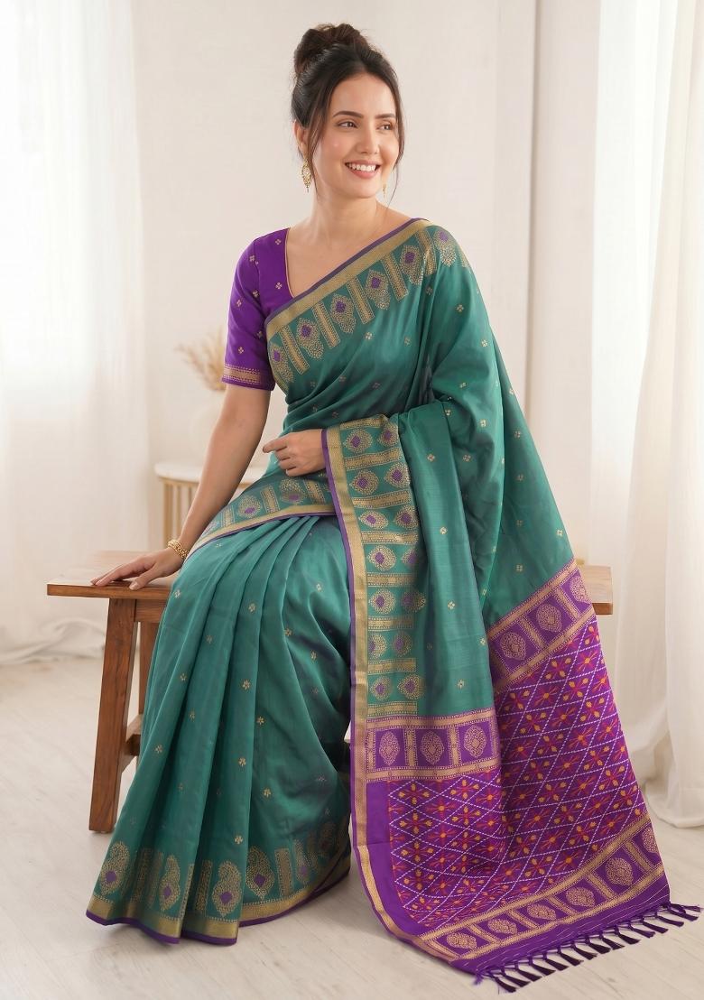 Teal Green Zari Work Silk Blend Saree Set - Indya