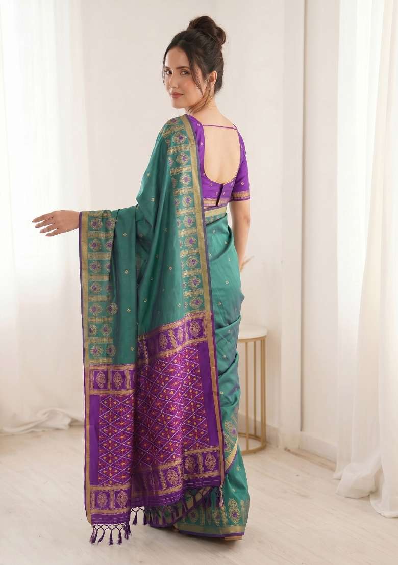 Teal Green Zari Work Silk Blend Saree Set - Indya
